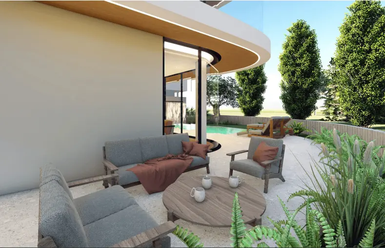 Shaded terrace lounge beside the pool