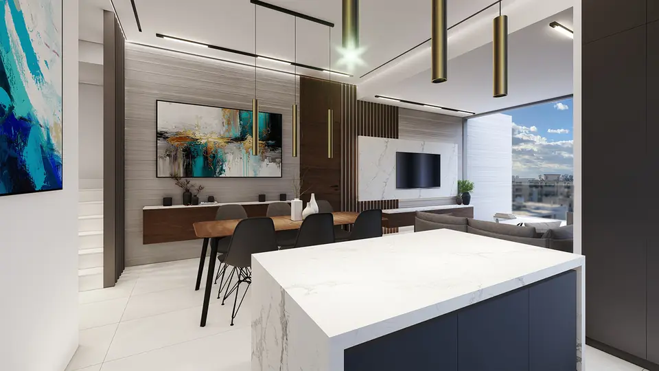 Kitchen island with marble finish and pendant lights
