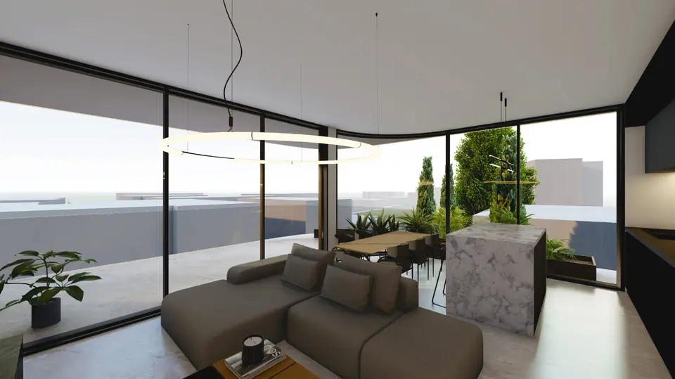 Corner lounge opening onto the curved terrace