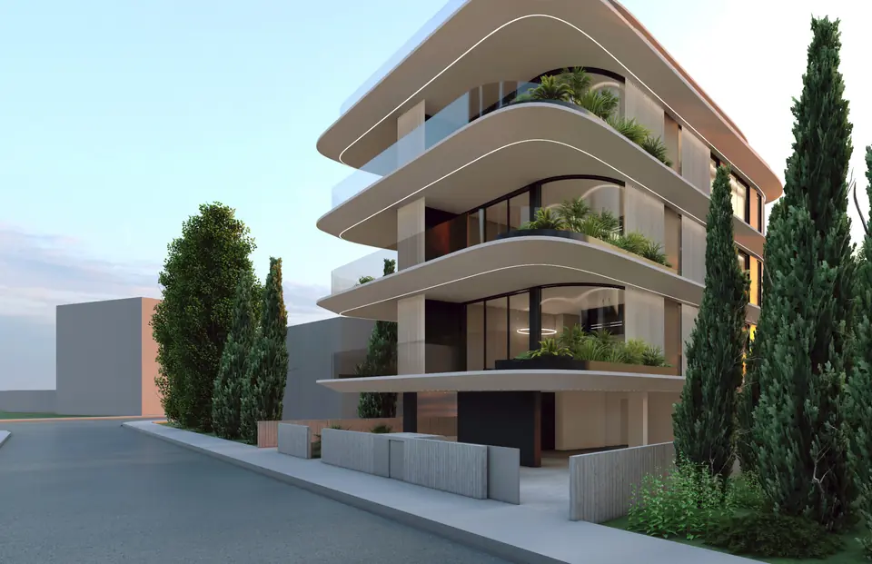 从街道望去的 Sabih Residences，柏树环绕