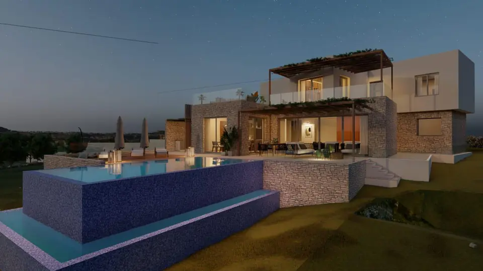 Hillside stone villa, Paphos villages: Villa at dusk (render)