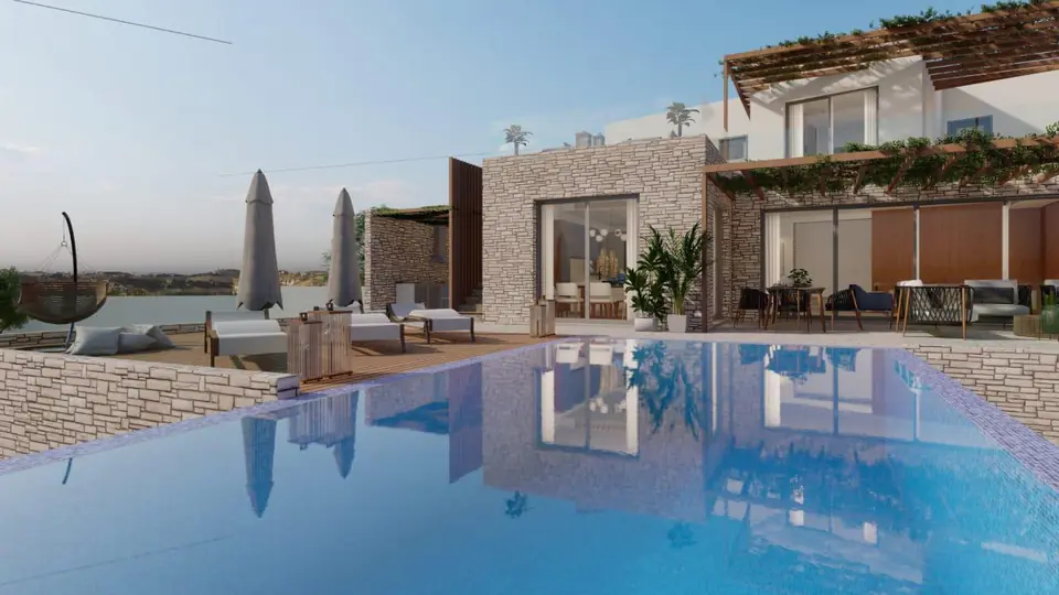 Hillside stone villa, Paphos villages: Infinity pool terrace (render)