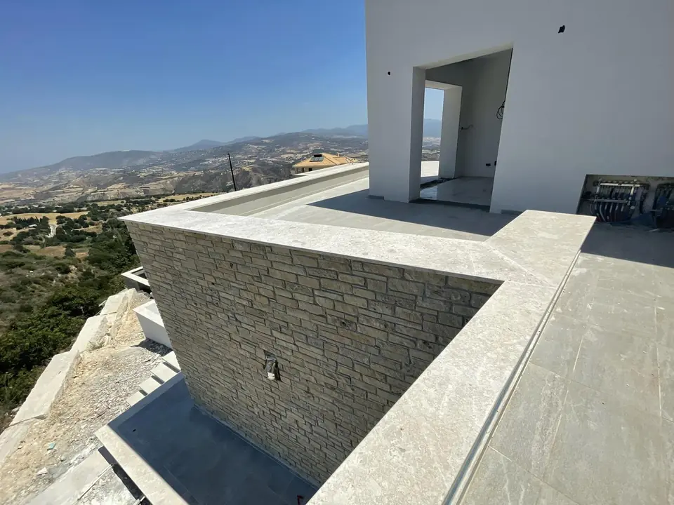 Hillside stone villa, Paphos villages: Upper terrace and the view